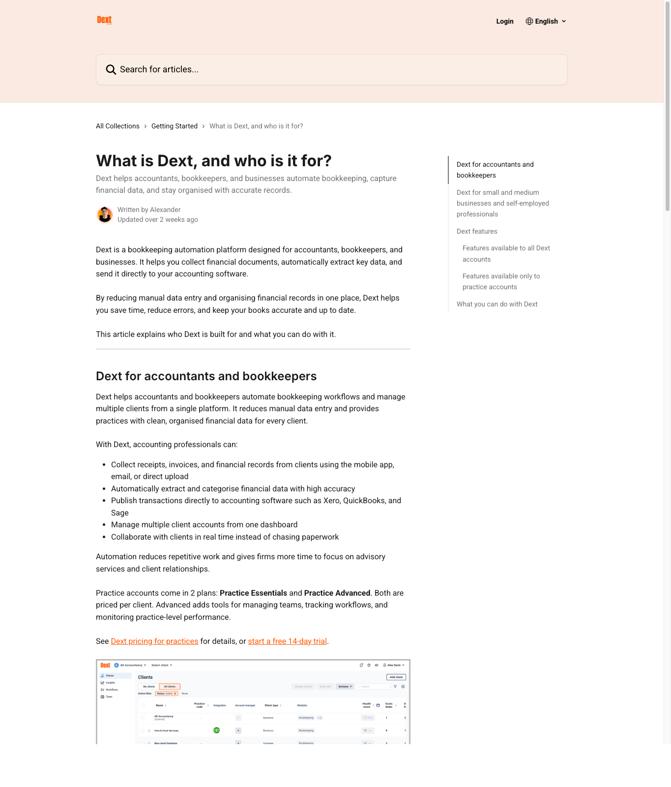 Dext Help Centre article explaining who Dext is for captured May 10, 2026.
