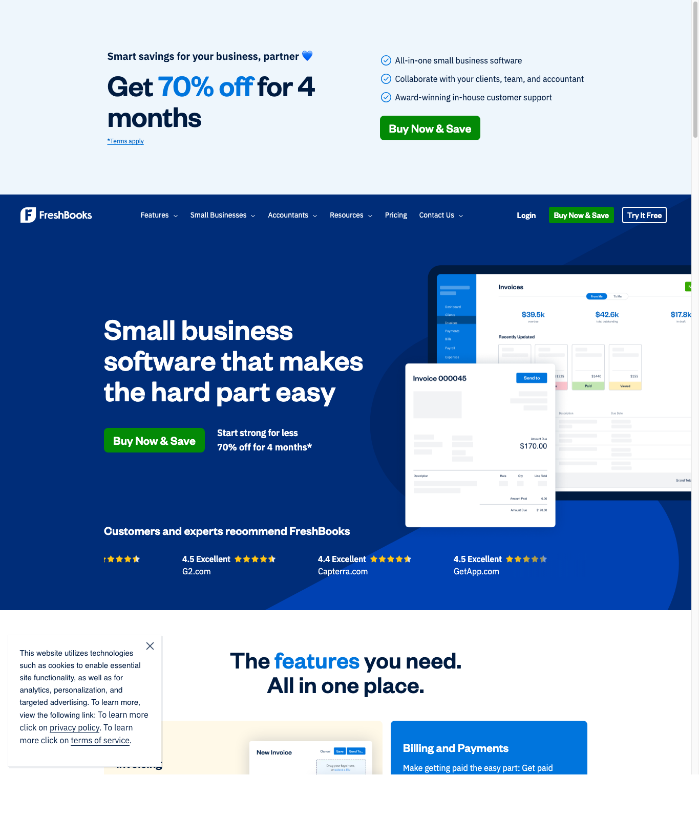 FreshBooks features page captured May 10, 2026.