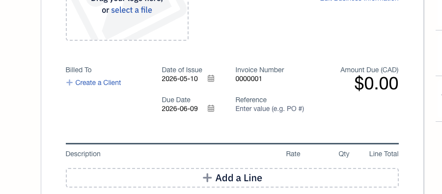 FreshBooks invoice editor captured during a CacheMonk trial walkthrough on May 10, 2026.