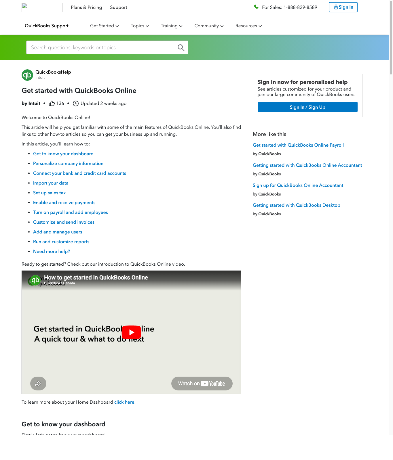QuickBooks Online Canada get started support article captured May 10, 2026.