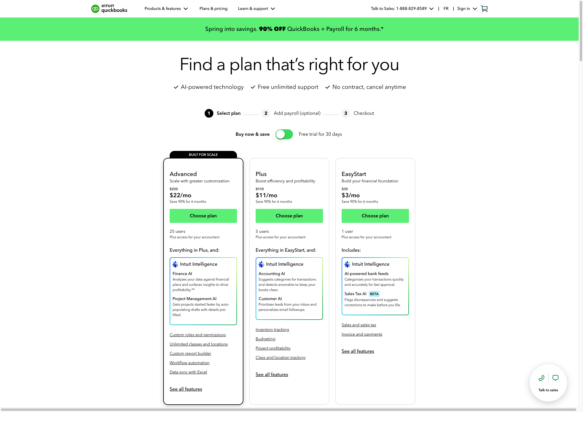 QuickBooks Canada pricing page showing EasyStart, Plus, and Advanced plans captured May 10, 2026.