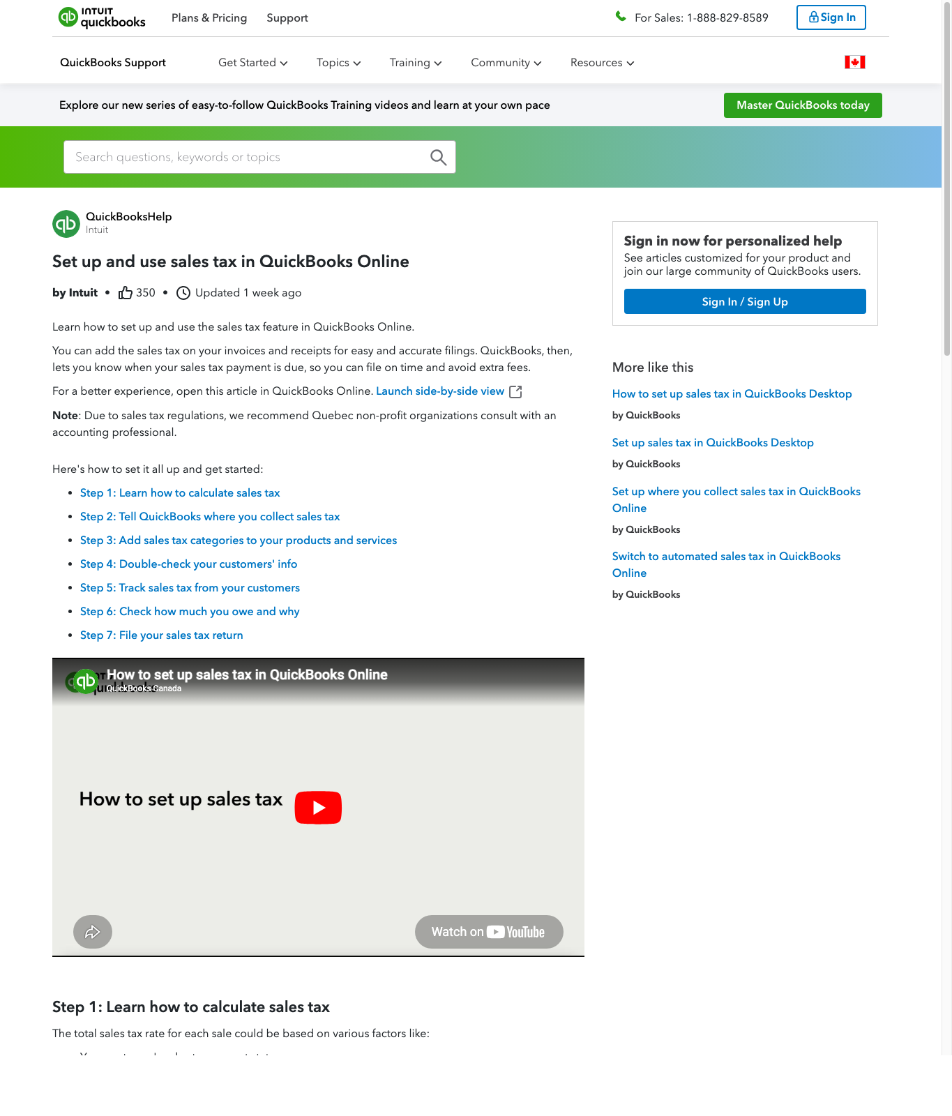 QuickBooks Canada sales tax setup support article captured May 9, 2026.